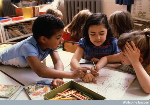 AS0000141FA12 Children, at primary school Credit: Anthea Sieveking . Wellcome Images images@wellcome.ac.uk http://images.wellcome.ac.uk Children, at primary school Three children doing group work together. Photograph Published: - Copyrighted work available under Creative Commons by-nc-nd 2.0 UK, see http://images.wellcome.ac.uk/indexplus/page/Prices.html