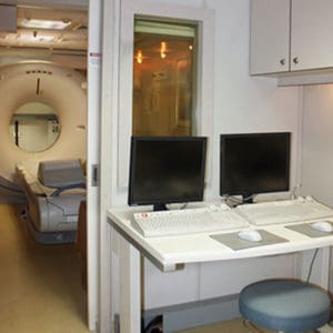 Toshiba CT scanner installed in mobile unit.