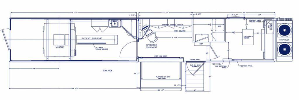 Mobile MRI rental unit blueprint top view.