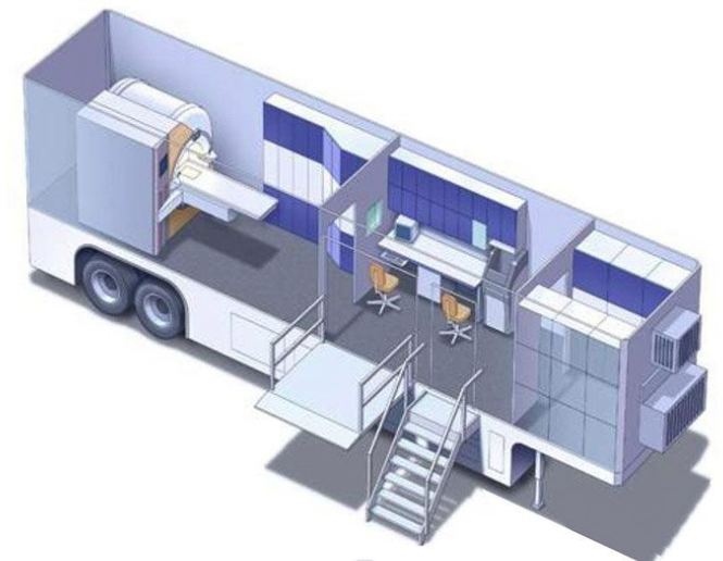 3D cutaway diagram of a mobile MRI trailer showing magnet room, control area, and patient entry