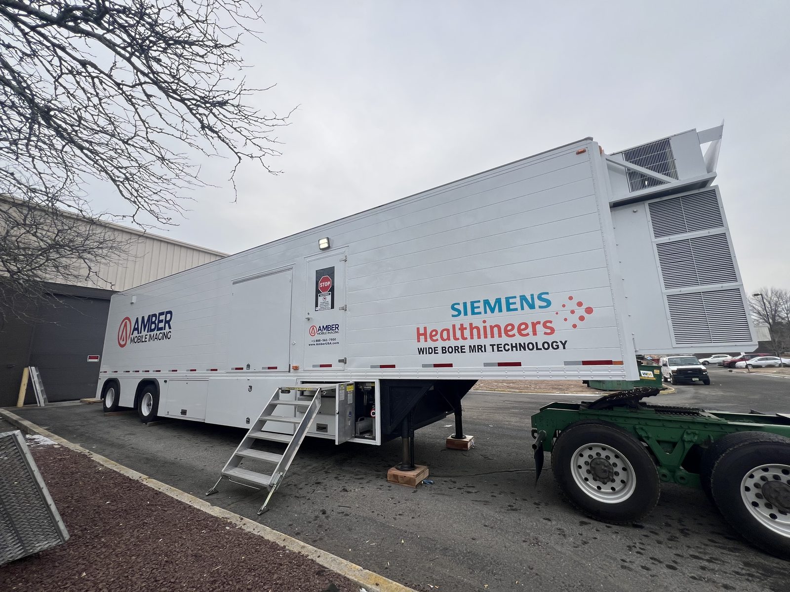 Amber Mobile Imaging mobile MRI rental trailer exterior with Siemens Healthineers wide bore MRI technology