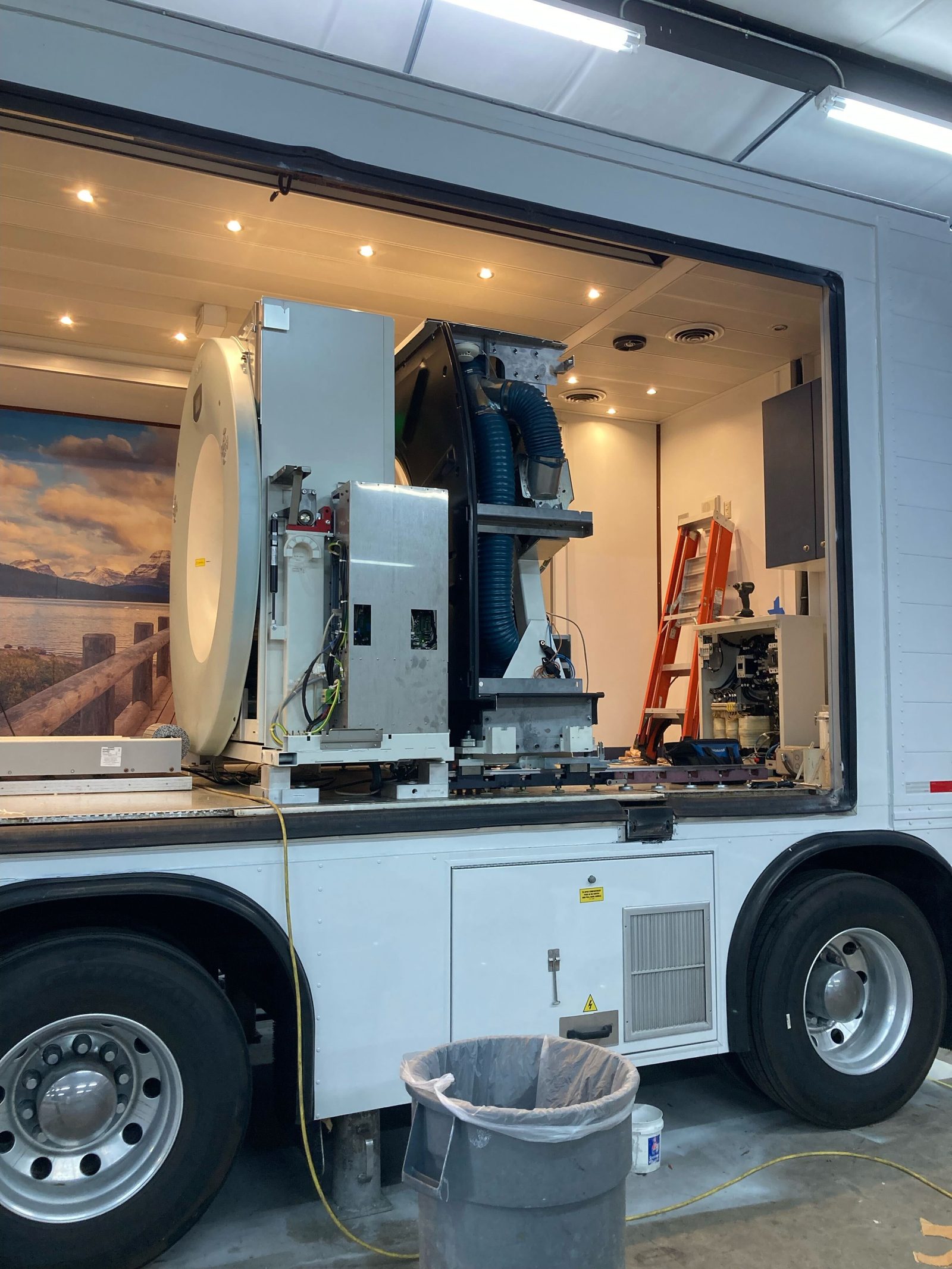 Mobile PET/CT scanner installation in progress inside an Amber Mobile Imaging trailer