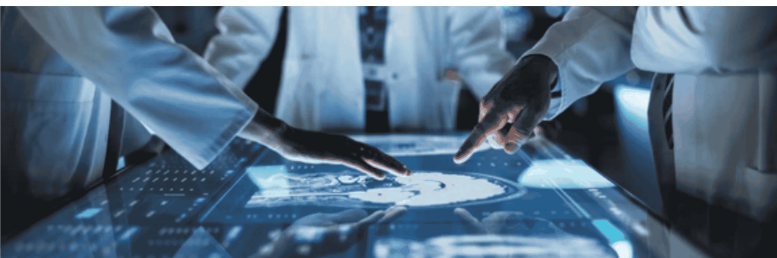 Clinical team reviewing medical imaging equipment specifications on a touchscreen display
