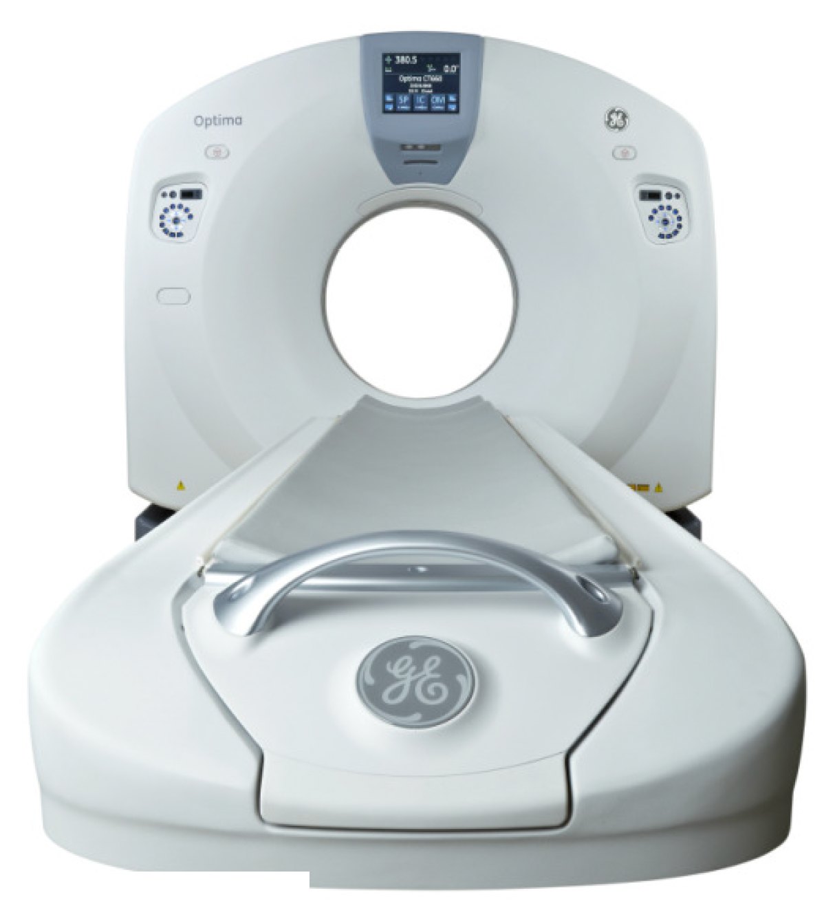 CT scanner gantry viewed from the patient table during equipment evaluation