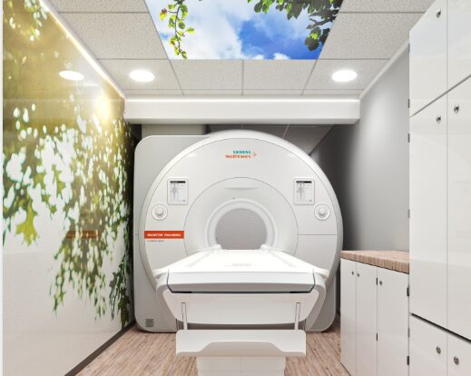 Mobile MRI trailer interior with skylight ceiling and patient-friendly finishes